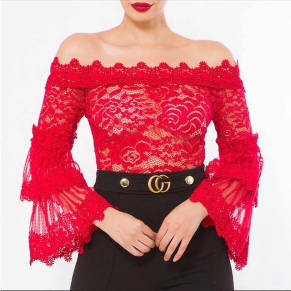 Tops - Red off shoulder bell sleeve lacey sheer bodysuit nwt